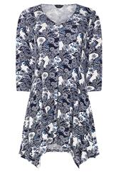 M&Co Navy Blue Floral Hanky Hem Top