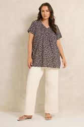 EVANS Plus Size Chocolate Brown Print Cotton Henley Top | Evans 1