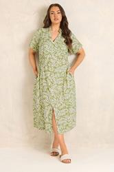 EVANS Plus Size Green Leaf Print Shirred Waist Midi Linen Dress | Evans 2