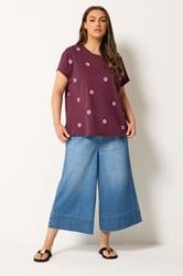 YOURS Plus Size Burgundy Red Embroidered Daisy T-Shirt | yours Clothing 1