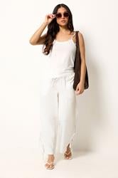 PixieGirl Petite Women's White Tie Detail Cotton Cheesecloth Wide Leg Trousers | PixieGirl 3