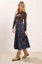 PixieGirl Petite Women's Brown & Blue Check Midi Skirt | PixieGirl 3