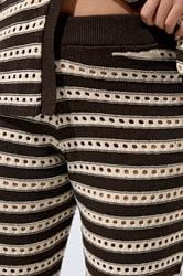 LIMITED COLLECTION Plus Size Chocolate Brown Stripe Crochet Wide Leg Trousers | Yours Clothing 4