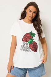 Yours Plus Size White Sequin Embellished Strawberry T-Shirt | Yours Clothing 3