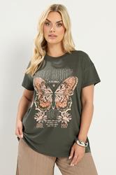 YOURS Plus Size Khaki Green 'Free Spirit' Butterfly Embellished T-Shirt | Yours Clothing 3