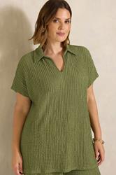 EVANS Plus Size Khaki Green Crinkle Short Sleeve Top | Evans 3