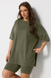 YOURS Plus Size Khaki Green Side Split Longline T-Shirt | Yours Clothing 3