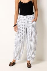 PixieGirl Petite Women's White Polka Dot Crinkle Barrel Leg Trousers | PixieGirl 5