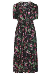 YOURS Curve Black Tropical Shirred Neck Maxi Dress