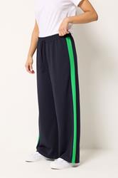 M&Co Petite Navy Blue & Green Wide Leg Side Stripe Trousers | M&Co 1