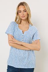 M&Co Blue Floral Short Sleeve Cotton Henley Top | M&Co 1