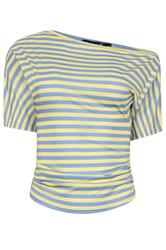 PixieGirl Petite Blue & Yellow Stripe Slash Neck Ruched T-Shirt