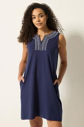 M&Co Navy Blue Embroidered Notch Neck Cotton Midi Dress | M&Co 3