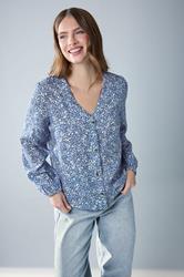 M&Co Blue Ditsy Floral Button Front Long Sleeve Blouse | M&Co 3