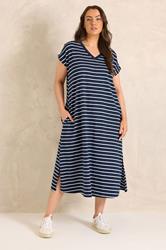 EVANS Plus Size Navy Blue Stripe Premium Cotton Dress | Evans 3