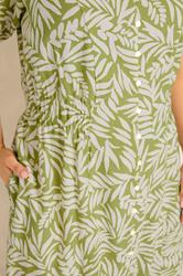 EVANS Plus Size Green Leaf Print Shirred Waist Midi Linen Dress | Evans 5