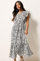 PixieGirl Petite Women's White Tile Print Tiered Maxi Dress | PixieGirl 2