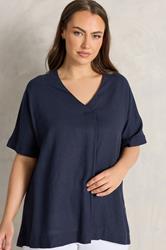 EVANS Plus Size Navy Blue Premium Linen Front Pleat Top | Evans  1