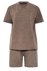 LTS Tall Set Chocolate Brown Acid Wash T-Shirt & Shorts