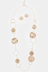 Gold Tone Long Circle Necklace & Earrings Set | Yours Clothing 3