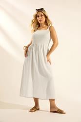 YOURS Plus Size Natural Brown Shirred Linen Midi Dress | Yours Clothing 3