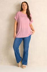 EVANS Plus Size Pink Lace Detail Short Sleeve Top | Evans  1