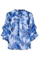 EVANS Curve Blue Floral Tie Neck Frill Blouse