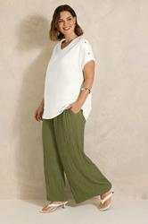 EVANS Plus Size Khaki Green Crinkle Wide Leg Trousers | Evans 3