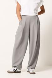 PixieGirl Petite Women's Grey Crinkle Barrel Leg Trousers | PixieGirl 1