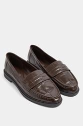 Chocolate Brown Croc Embossed Loafers In Wide E Fit | Yours Clothing 3