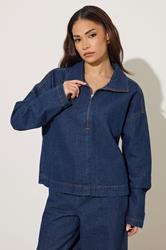 PixieGirl Petite Women's Dark Blue Denim Quarter Zip Cotton Top | PixieGirl 2