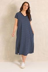 EVANS Plus Size Navy Blue Stripe Premium Cotton Dress | Evans 1