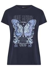YOURS Curve Navy Blue 'Free Spirit' Butterfly Embellished T-Shirt