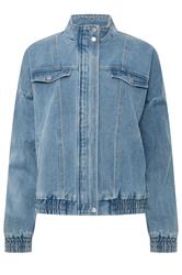 PixieGirl Petite Women's Mid Blue Funnel Neck Denim Trucker Jacket | PixieGirl 5
