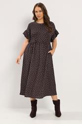 YOURS Plus Size Chocolate Brown Polka Dot Frill Sleeve Midi Dress | Yours Clothing 1