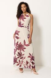 M&Co Natural Brown Floral Print Halter Neck Mesh Maxi Dress | M&Co 1