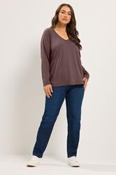 YOURS Plus Size Brown V-Neckline T-Shirt | Yours Clothing 1