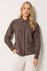 LTS Tall Women's Chocolate Brown Stripe Linen Shirt | Long Tall Sally 1