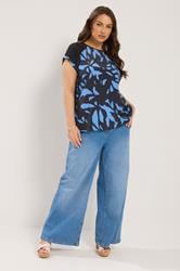 YOURS Plus Size Blue Abstract Contrast Sleeve Top | Yours Clothing 1