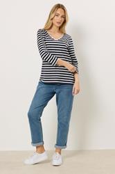 M&Co Navy Blue Stripe Cotton Neck Trim Top | M&Co 1
