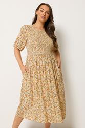 YOURS Plus Size Yellow Ditsy Floral Shirred Dress | Yours Clothing 3