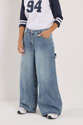 PixieGirl Petite Women's Mid Blue Carpenter Wide Leg Jeans | PixieGirl 1