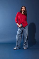 PixieGirl Petite Women's Mid Blue Frayed Seam Wide Leg Jeans | PixieGirl 3