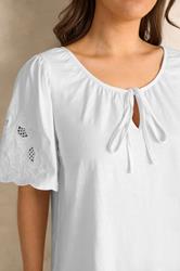 EVANS Plus Size White Broderie Sleeve Tie Neck Blouse | Evans 5