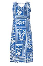 M&Co blauwe linnen shiftjurk met bladprint en V-hals
