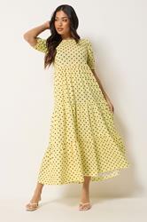 PixieGirl Petite Women's Yellow Polka Dot Tiered Maxi Dress | PixieGirl 1