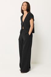 PixieGirl Petite Women's Set Black Striped Button Top & Wide Leg Trousers | PixieGirl 3