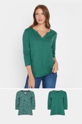 M&Co 2 PACK Teal Blue Floral Print & Plain Lace Trim Cotton T-Shirts | M&Co 3