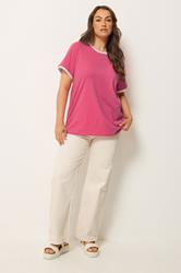 YOURS Plus Size Pink Contrast Trim T-Shirt | Yours Clothing 1