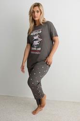 YOURS Plus Size Set Brown 'Weekend Coffee Club' Wide Leg Pyjama | Yours Clothing 3